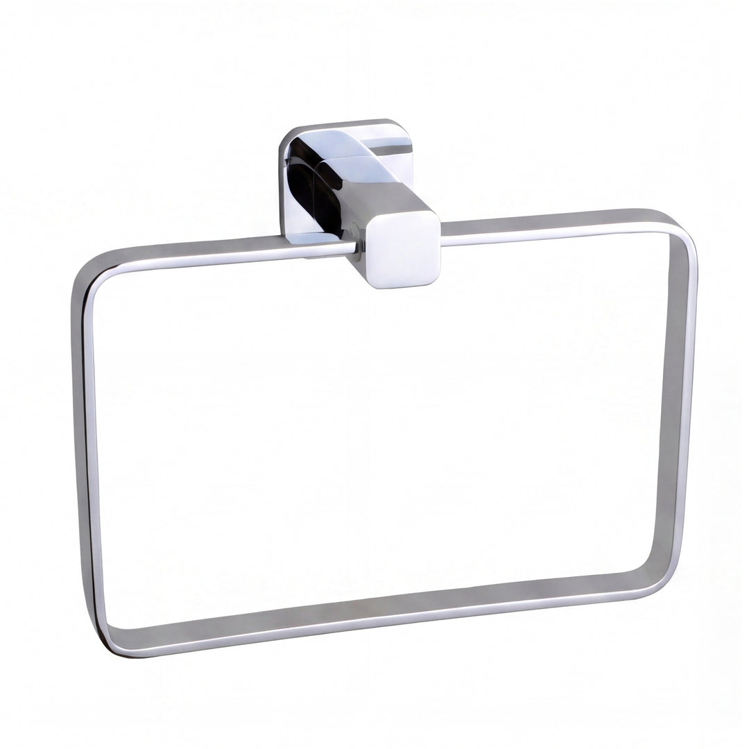 A modern rectangular wall-mounted towel ring with a polished chrome finish and a square-shaped mounting bracket, shown on a plain white background.