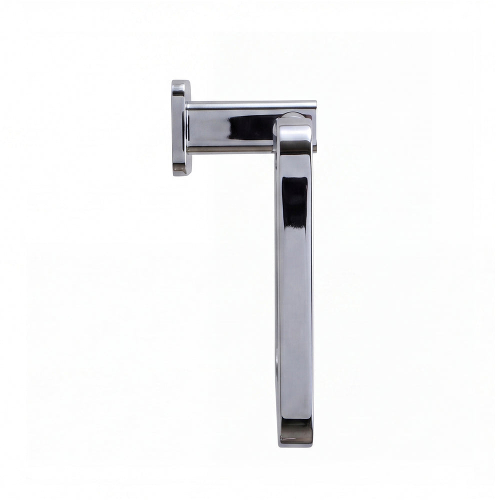 A modern rectangular wall-mounted towel ring with a polished chrome finish and a square-shaped mounting bracket, shown in a side view profile on a plain white background.