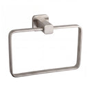 A modern rectangular towel ring with a brushed nickel finish, featuring a square wall mount bracket and a sleek horizontal bar, shown against a plain white background.