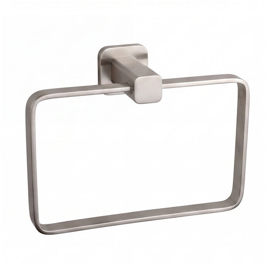 A modern rectangular towel ring with a brushed nickel finish, featuring a square wall mount bracket and a sleek horizontal bar, shown against a plain white background.