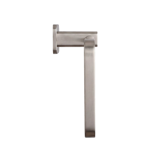 A modern rectangular towel ring with a brushed nickel finish, featuring a square wall mount bracket and a sleek horizontal bar, shown in a side view profile against a plain white background.