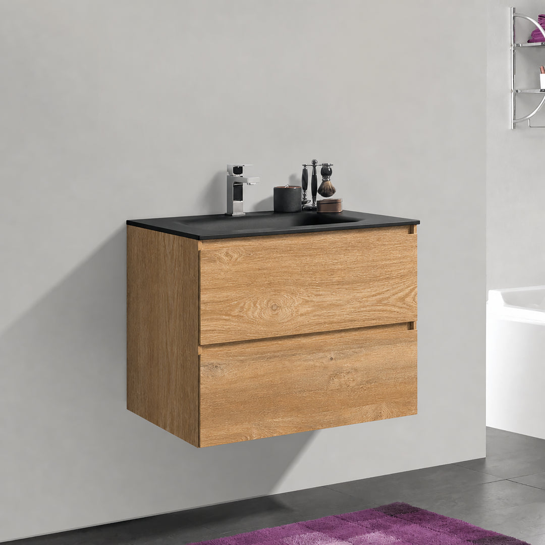 BAI 8201 Wall Hung 26-inch Bathroom Vanity in Natural Oak Finish with Matte Black Basin