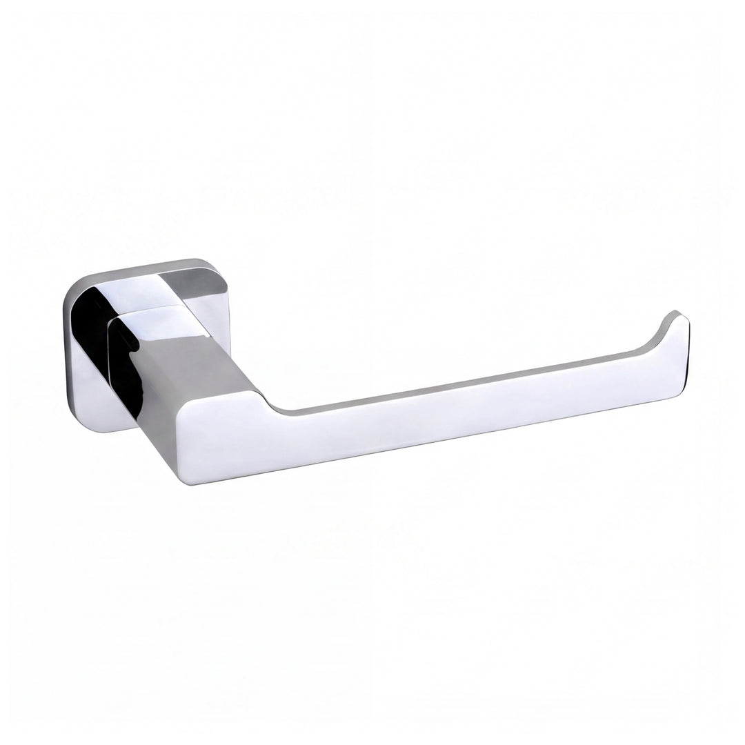 modern square shaped wall-mounted toilet paper holder in polished chrome finish shown on a plain white background.