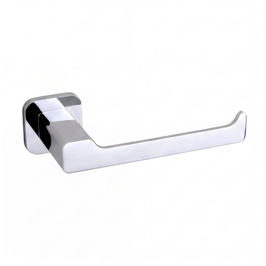 modern square shaped wall-mounted toilet paper holder in polished chrome finish shown on a plain white background.