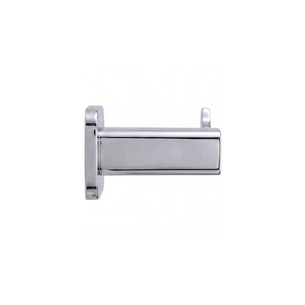 modern square shaped wall-mounted toilet paper holder in polished chrome finish shown in a side view profile on a plain white background.