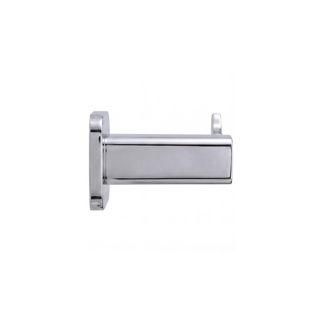 modern square shaped wall-mounted toilet paper holder in polished chrome finish shown in a side view profile on a plain white background.