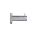 modern square shaped wall-mounted toilet paper holder in polished chrome finish shown in a side view profile on a plain white background.