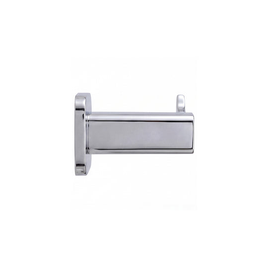 modern square shaped wall-mounted toilet paper holder in polished chrome finish shown in a side view profile on a plain white background.