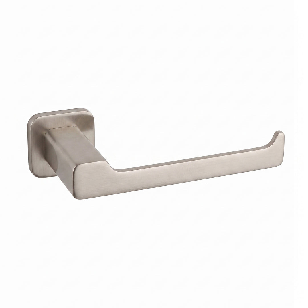 modern square shaped wall-mounted toilet paper holder in brushed nickel finish shown on a plain white background.