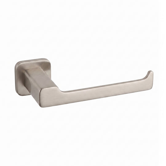 modern square shaped wall-mounted toilet paper holder in brushed nickel finish shown on a plain white background.