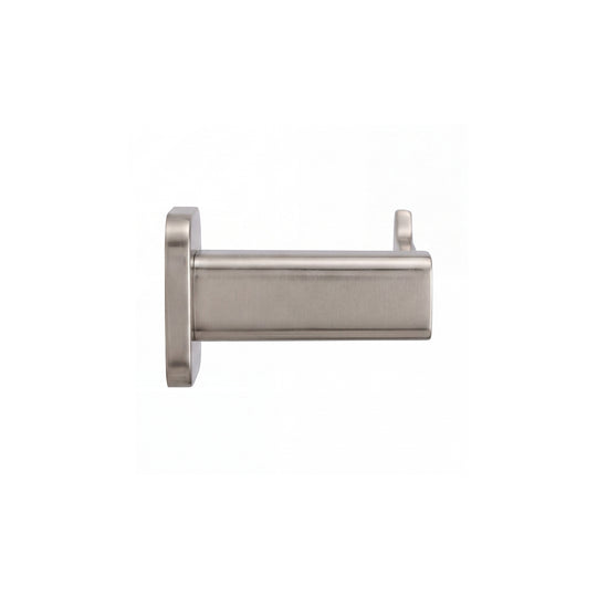 modern square shaped wall-mounted toilet paper holder in brushed nickel finish shown in a side view profile on a plain white background.