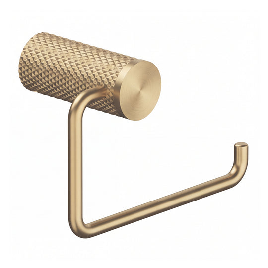 A modern wall-mounted brushed gold toilet paper holder with a textured cylindrical roll holder and a U-shaped support arm, shown against a plain white background.