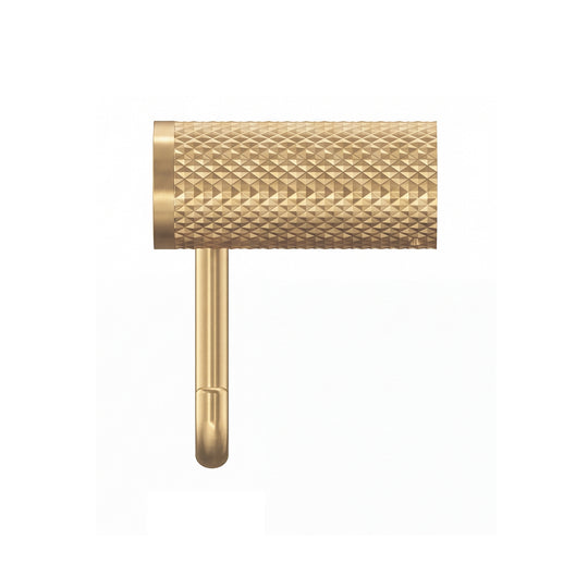 A modern wall-mounted brushed gold toilet paper holder with a textured cylindrical roll holder and a U-shaped support arm, shown in a side view profile against a plain white background.
