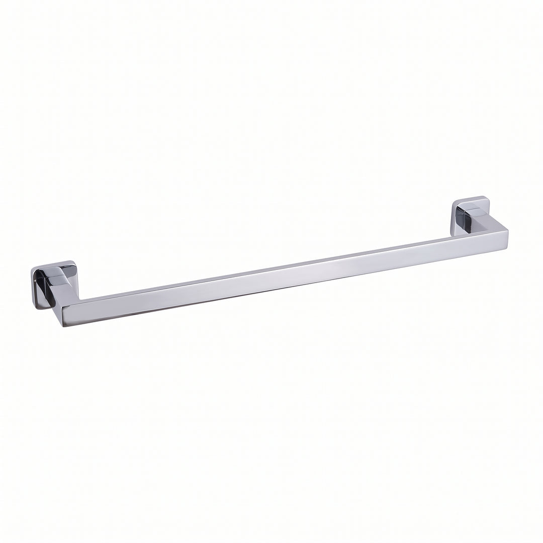 A modern square shaped 24-inch chrome towel bar with wall-mounted brackets on a plain white background.