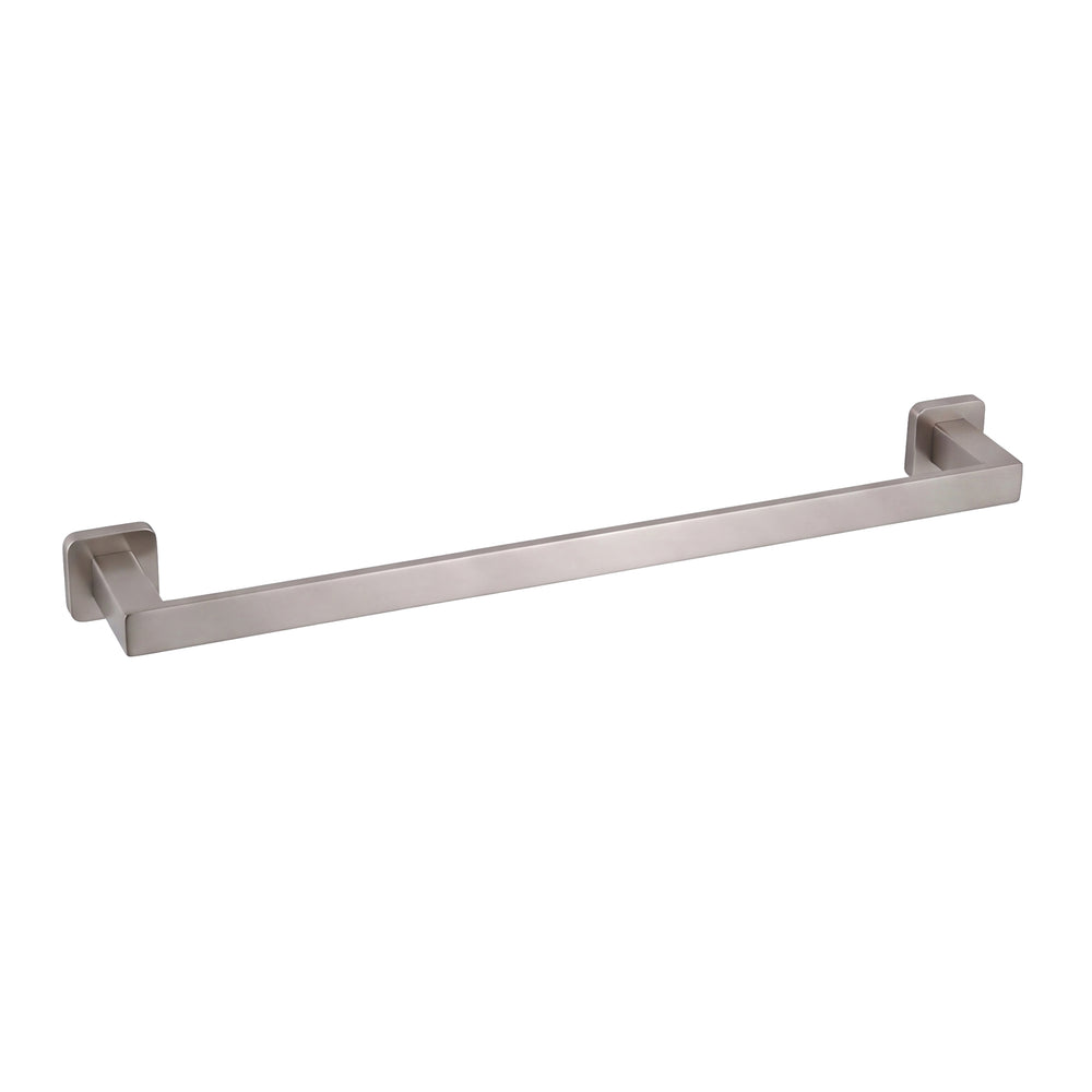 A modern square shaped 24-inch brushed nickel towel bar with wall-mounted brackets on a plain white background.