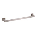 A modern square shaped 24-inch brushed nickel towel bar with wall-mounted brackets on a plain white background.