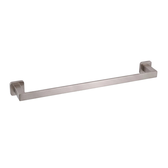 A modern square shaped 24-inch brushed nickel towel bar with wall-mounted brackets on a plain white background.