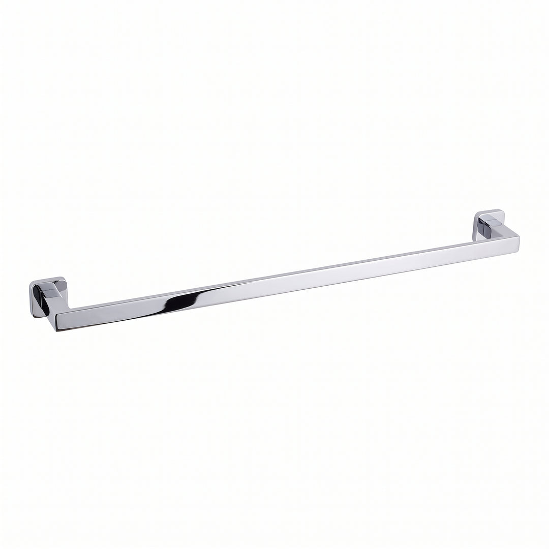A modern square shaped 30-inch polished chrome towel bar with wall-mounted brackets on a plain white background.