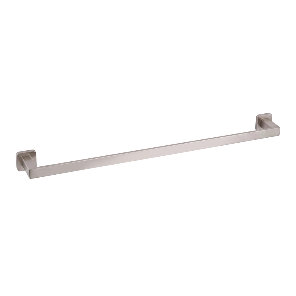 A modern square shaped 30-inch brushed nickel towel bar with wall-mounted brackets on a plain white background.