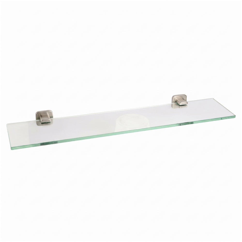 A single clear 24-inch glass bathroom shelf with two brushed nickel metal brackets, shown on a plain white background.