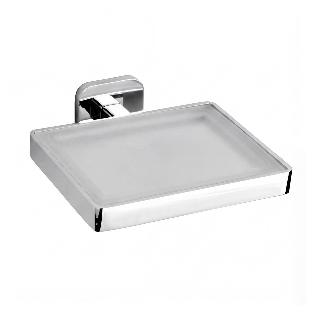 A modern rectangular wall-mounted soap dish with a frosted translucent glass tray and a polished chrome metal frame and bracket, shown on a plain white background.