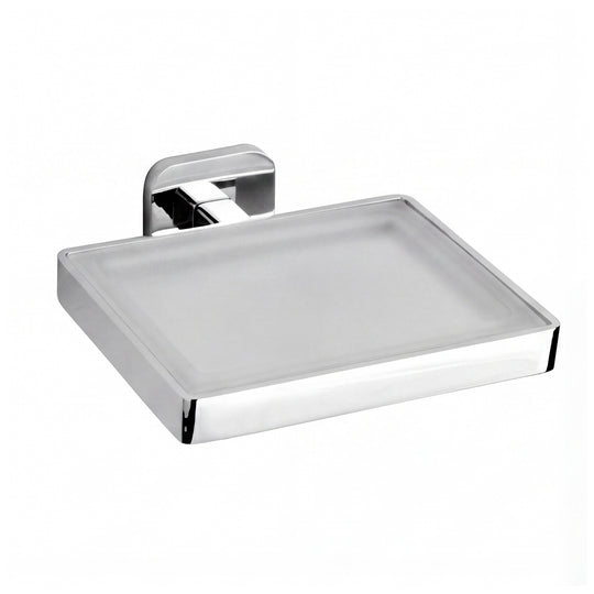 A modern rectangular wall-mounted soap dish with a frosted translucent glass tray and a polished chrome metal frame and bracket, shown on a plain white background.