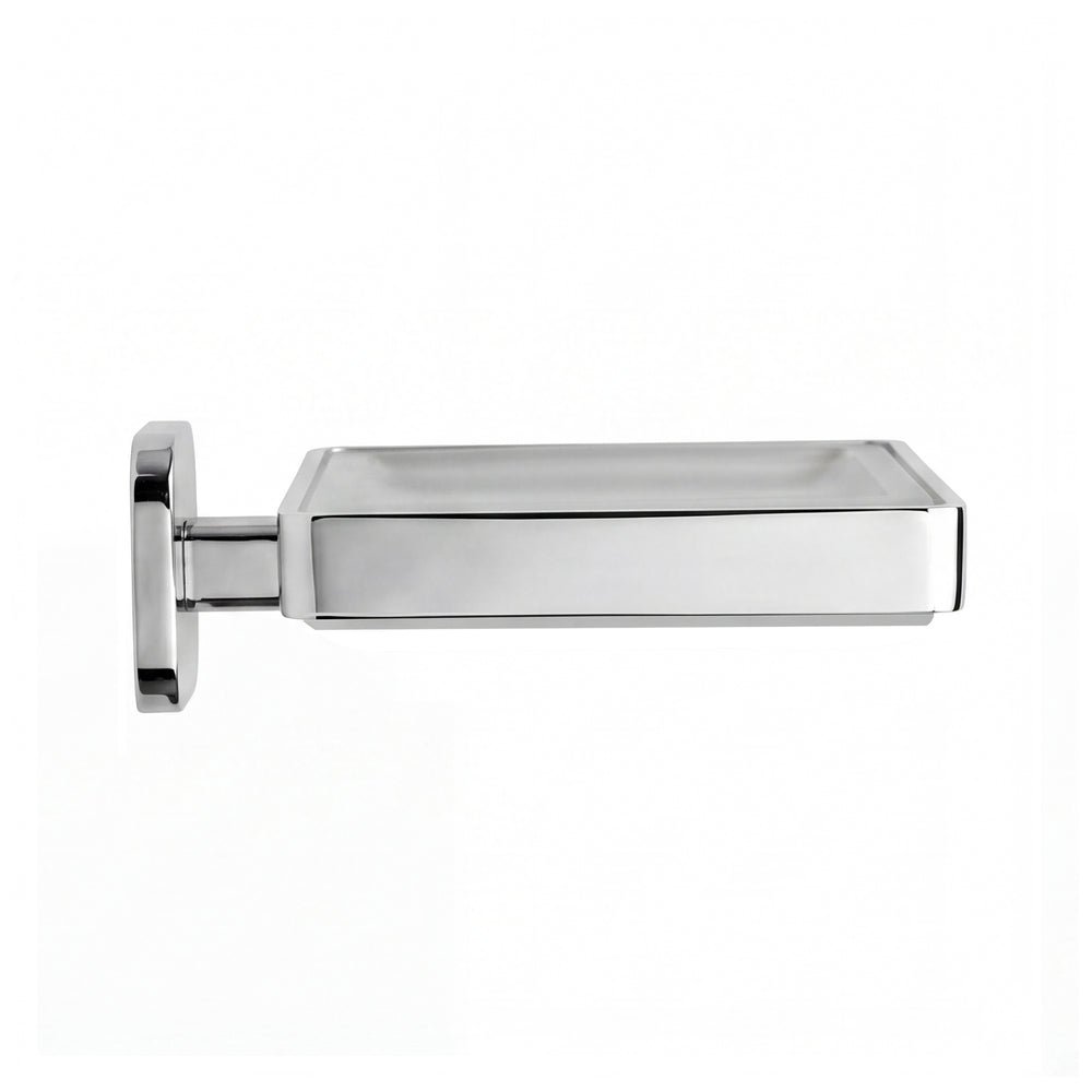 A modern rectangular wall-mounted soap dish with a polished chrome finish, featuring a square backplate and a sleek, minimalist design, shown against a plain white background.