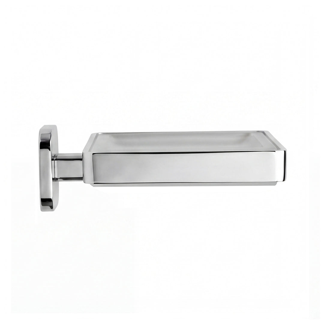 A modern rectangular wall-mounted soap dish with a polished chrome finish, featuring a square backplate and a sleek, minimalist design, shown against a plain white background.