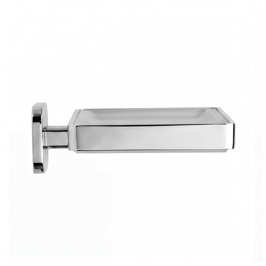 A modern rectangular wall-mounted soap dish with a polished chrome finish, featuring a square backplate and a sleek, minimalist design, shown against a plain white background.
