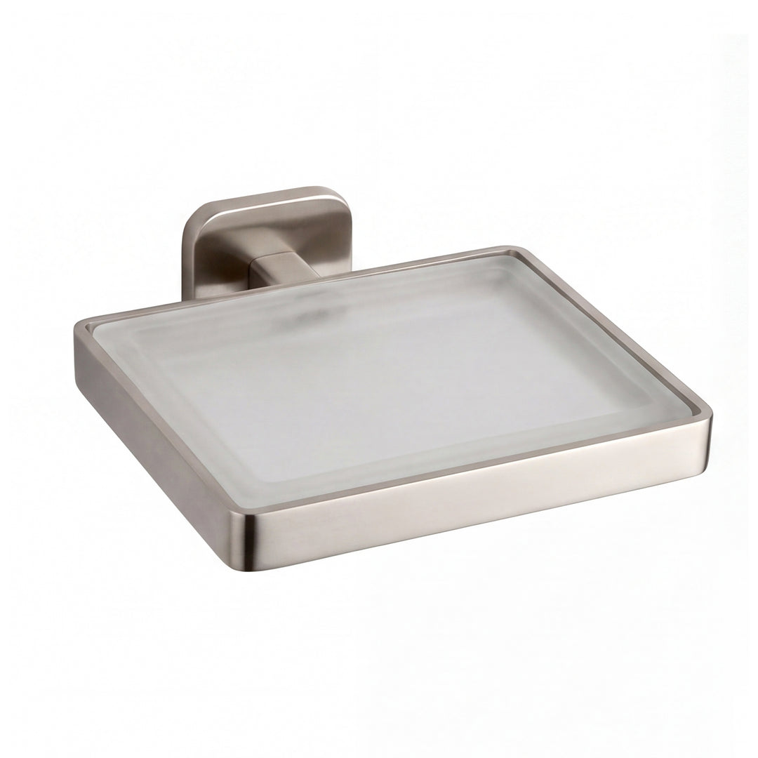 A modern wall-mounted soap dish with a brushed nickel metal frame and a frosted glass tray, shown against a plain white background.