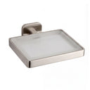 A modern wall-mounted soap dish with a brushed nickel metal frame and a frosted glass tray, shown against a plain white background.