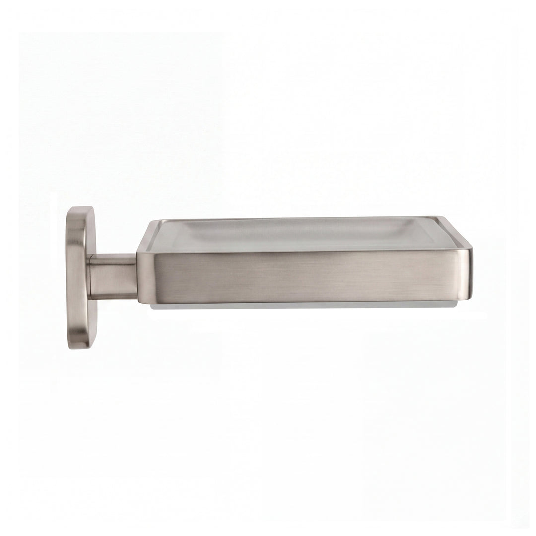 A brushed nickel wall-mounted soap dish with a rectangular tray and circular backplate, shown against a plain white background.