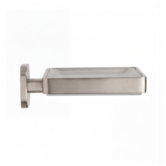 A brushed nickel wall-mounted soap dish with a rectangular tray and circular backplate, shown against a plain white background.