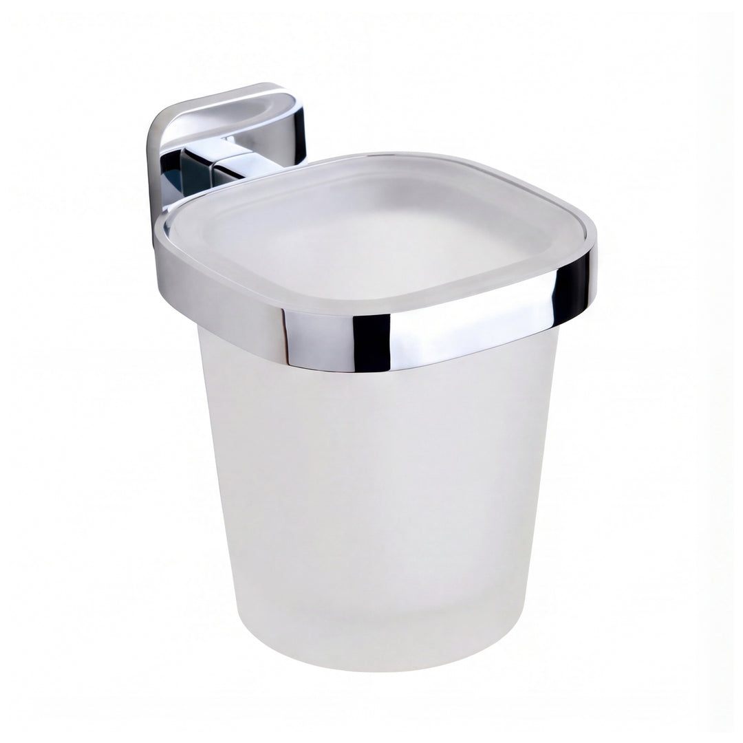 modern wall mounted glass toothbrush holder cup with polished chrome finish metal bracket shown on a white plain background.