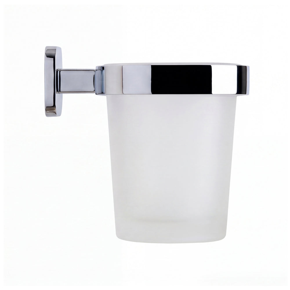 A wall-mounted frosted glass cup with a polished chrome metal bracket and rim, shown against a plain white background.