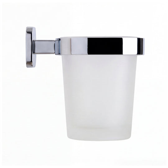 A wall-mounted frosted glass cup with a polished chrome metal bracket and rim, shown against a plain white background.