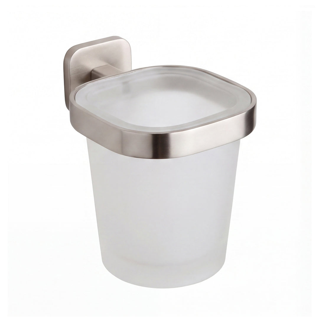 A wall-mounted frosted glass toothbrush holder cup with a brushed nickel metal bracket and rim, shown against a plain white background.