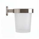 A modern wall-mounted frosted glass toothbrush cup holder with brushed nickel metal hardware, shown against a plain white background.