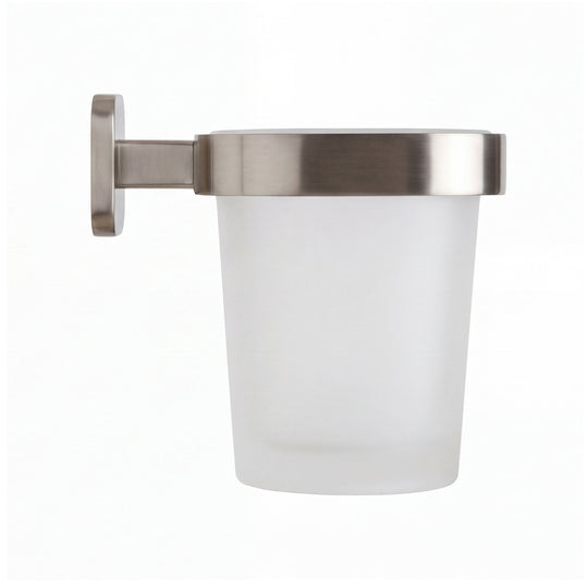 A modern wall-mounted frosted glass toothbrush cup holder with brushed nickel metal hardware, shown against a plain white background.