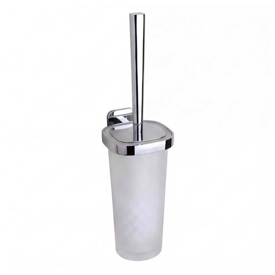 modern wall mounted frosted glass toilet brush holder in polished chrome finish shown on a plain white background.