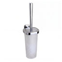 modern wall mounted frosted glass toilet brush holder in polished chrome finish shown on a plain white background.