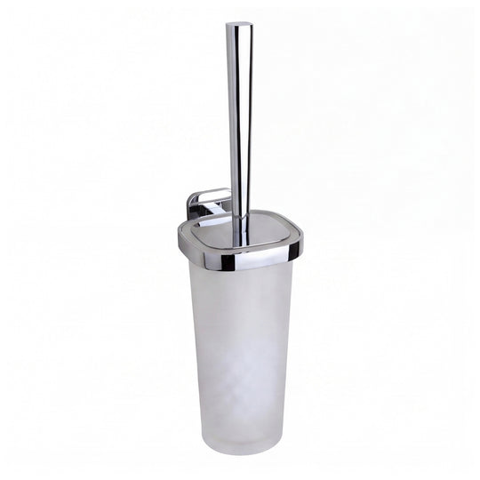modern wall mounted frosted glass toilet brush holder in polished chrome finish shown on a plain white background.