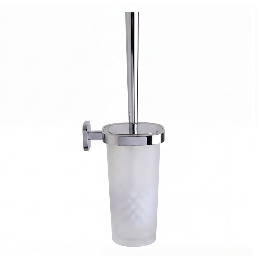 A wall-mounted toilet brush holder with a frosted glass cup, polished chrome metal rim and bracket, and a matching toiletbrush, shown on a plain white background.