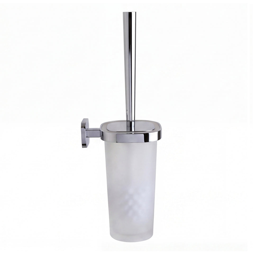 A wall-mounted toilet brush holder with a frosted glass cup, polished chrome metal rim and bracket, and a matching toiletbrush, shown on a plain white background.