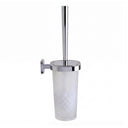 A wall-mounted toilet brush holder with a frosted glass cup, polished chrome metal rim and bracket, and a matching toiletbrush, shown on a plain white background.