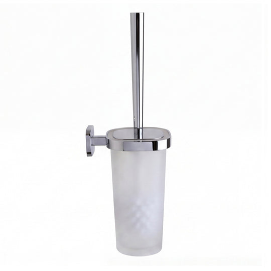 A wall-mounted toilet brush holder with a frosted glass cup, polished chrome metal rim and bracket, and a matching toiletbrush, shown on a plain white background.
