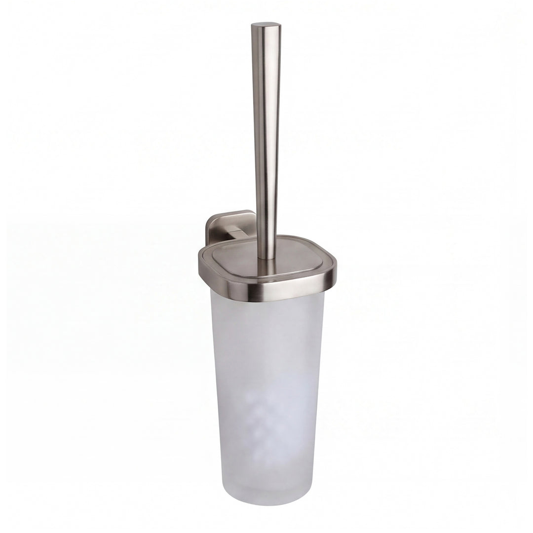A wall-mounted toilet brush holder with a frosted glass cup, brushed nickel metal rim and bracket, and a matching toilet brush, shown on a plain white background.