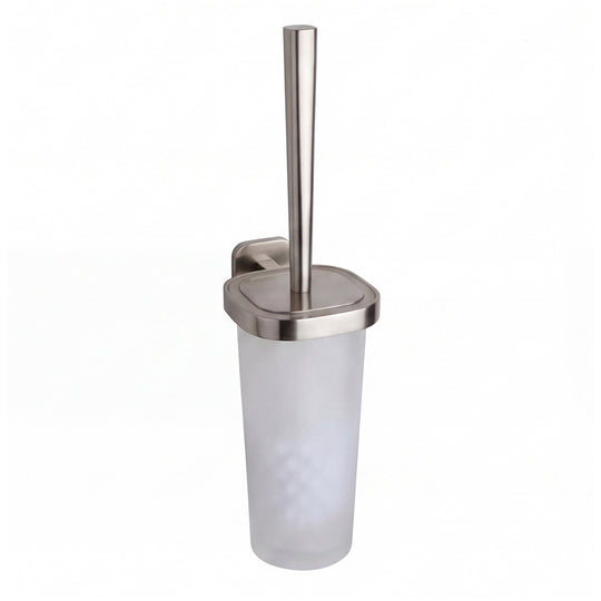 A wall-mounted toilet brush holder with a frosted glass cup, brushed nickel metal rim and bracket, and a matching toilet brush, shown on a plain white background.