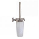 A wall-mounted toilet brush holder with a frosted glass cup, brushed nickel metal rim and bracket, and a matching toilet brush, shown with a side view profile on a plain white background.
