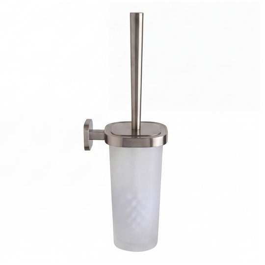 A wall-mounted toilet brush holder with a frosted glass cup, brushed nickel metal rim and bracket, and a matching toilet brush, shown with a side view profile on a plain white background.